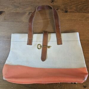 Fossil Austin Shopper Coral & Natural Cotton Canvas Tote Shopping Tote